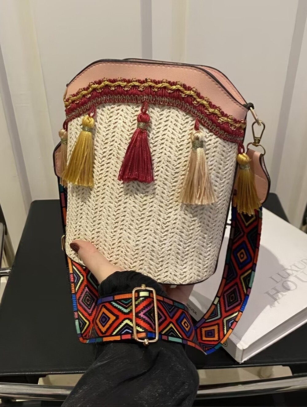 Striped Tassel Woven Crossbody Bag in Pink and Cream
